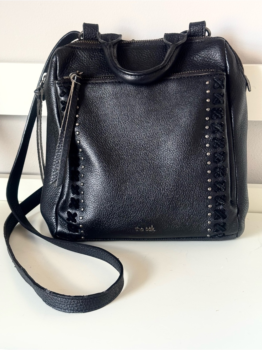 THE SAK All Leather Black Studded “Loyola” Mini Convertible Backpack Purse NICE!